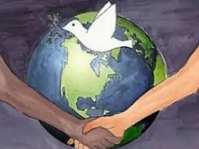 Prayers for World Peace: The world with 2 people shaking hands in front of it with a dove representing World Peace