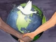 Prayers for World Peace: The world with 2 people shaking hands in front of it with a dove representing World Peace